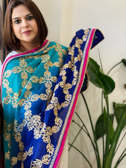 Firozi, Royal Blue Chinon Dupatta with Gota Lace Work
