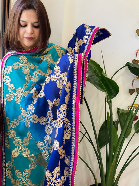Firozi, Royal Blue Chinon Dupatta with Gota Lace Work
