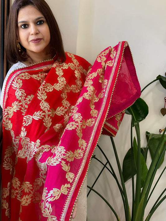 Red, Pink Chinon Dupatta with Gota Lace Work