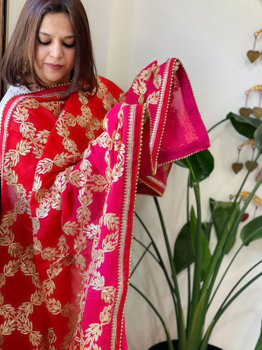 Red, Pink Chinon Dupatta with Gota Lace Work