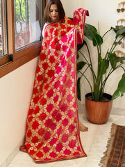 Red, Pink Chinon Dupatta with Gota Lace Work