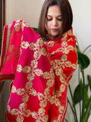 Red, Pink Chinon Dupatta with Gota Lace Work