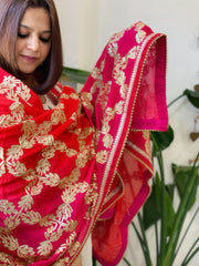 Red, Pink Chinon Dupatta with Gota Lace Work