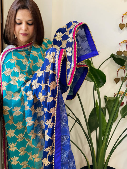 Firozi, Royal Blue Chinon Dupatta with Gota Lace Work