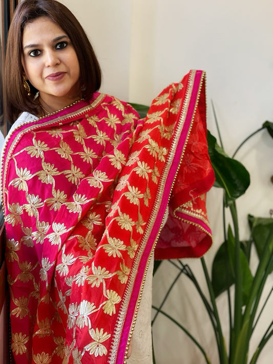 Pink, Red Chinon Dupatta with Gota Lace Work
