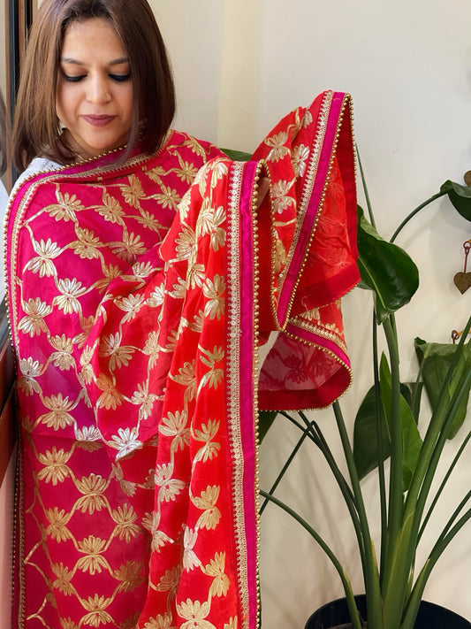 Pink, Red Chinon Dupatta with Gota Lace Work