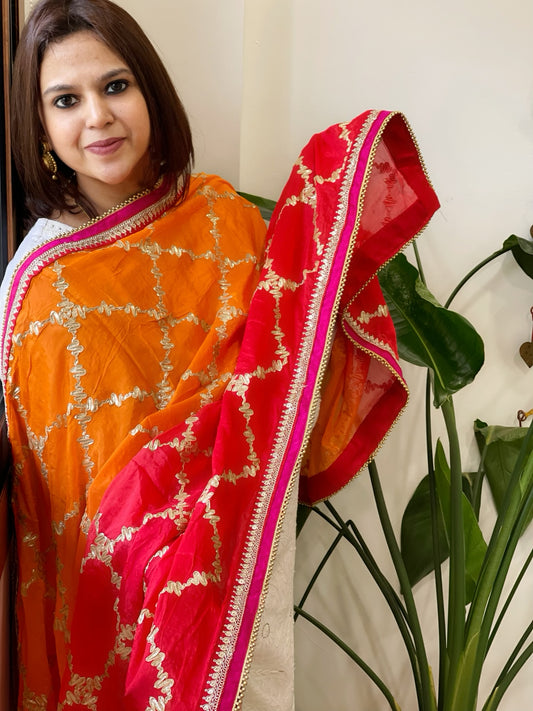 Orange, Red Chinon Dupatta with Gota Lace Work