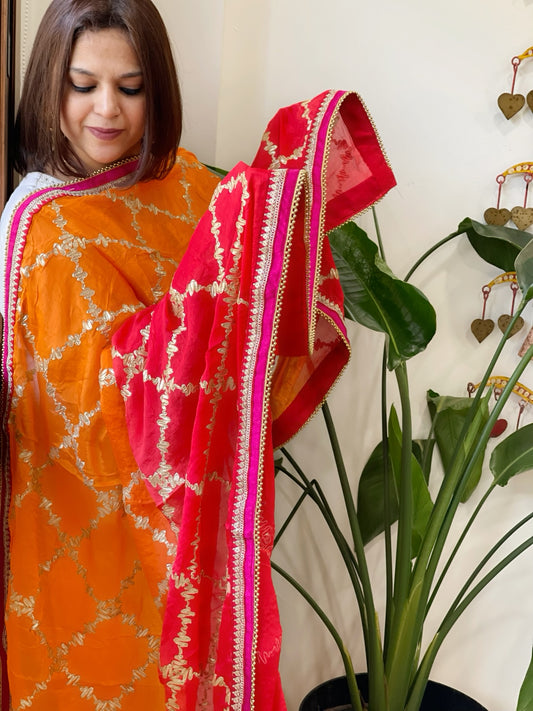 Orange, Red Chinon Dupatta with Gota Lace Work