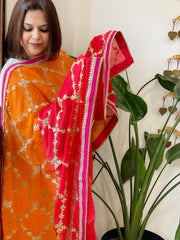 Orange, Red Chinon Dupatta with Gota Lace Work
