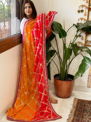 Orange, Red Chinon Dupatta with Gota Lace Work