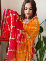 Orange, Red Chinon Dupatta with Gota Lace Work