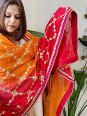 Orange, Red Chinon Dupatta with Gota Lace Work