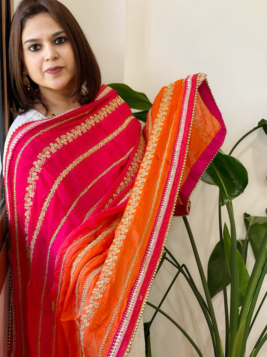 Pink, Orange Chinon Dupatta with Aari Taari Embroidery