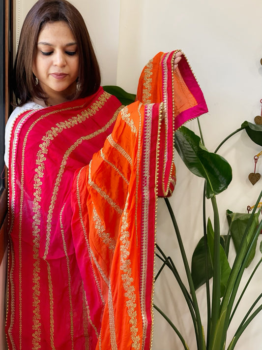 Pink, Orange Chinon Dupatta with Aari Taari Embroidery