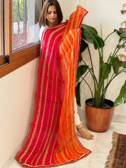 Pink, Orange Chinon Dupatta with Aari Taari Embroidery