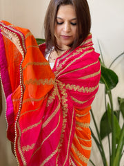 Pink, Orange Chinon Dupatta with Aari Taari Embroidery