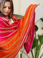 Pink, Orange Chinon Dupatta with Aari Taari Embroidery