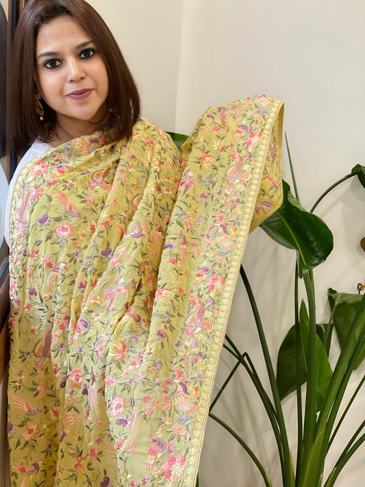 Yellow Parsi Gara Embroidery Dupatta in Georgette