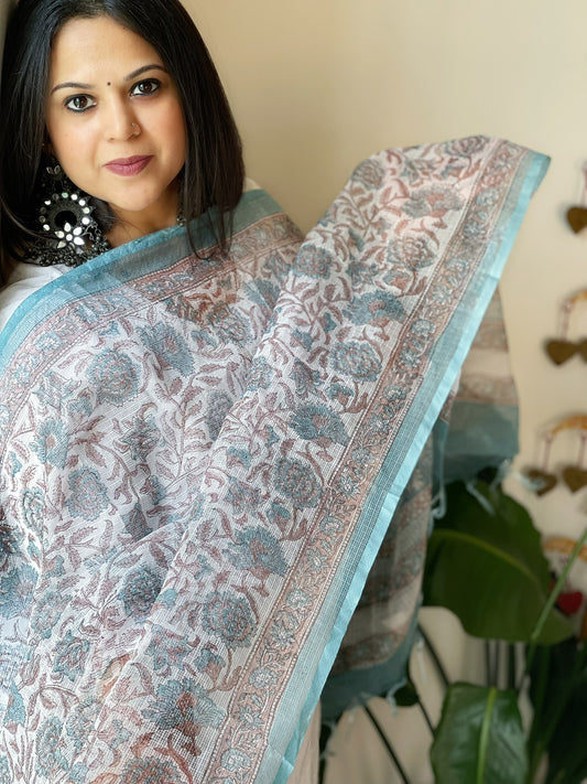 White, Blue Kota Cotton Handblock Printed Dupatta