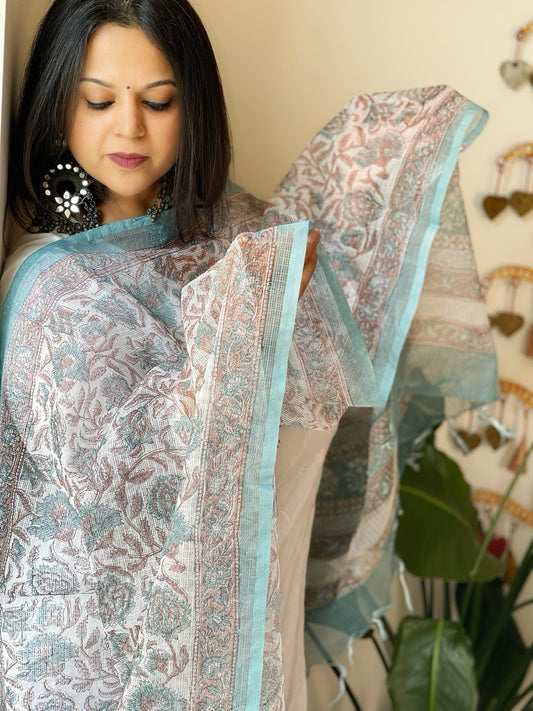White, Blue Kota Cotton Handblock Printed Dupatta