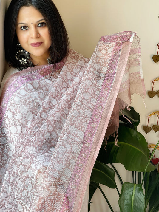 White, Pink Kota Cotton Handblock Printed Dupatta
