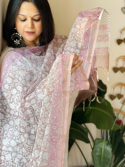 White, Pink Kota Cotton Handblock Printed Dupatta