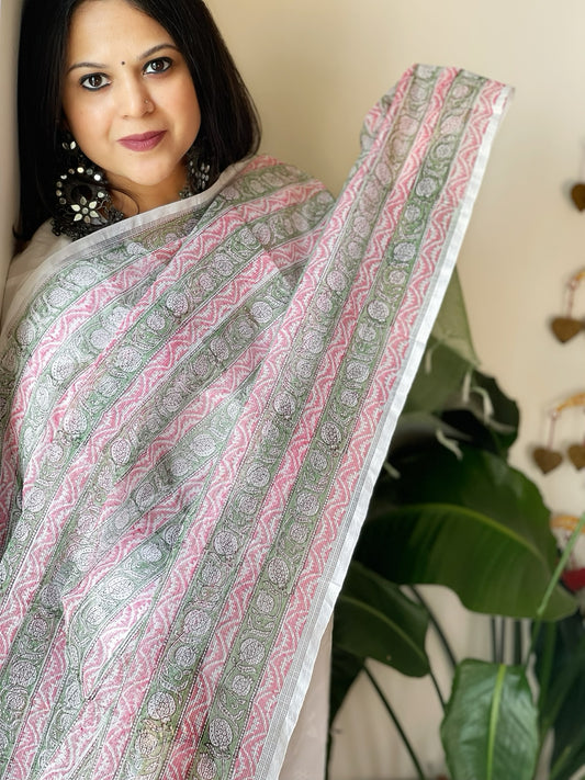White, Green, Pink Kota Cotton Handblock Printed Dupatta