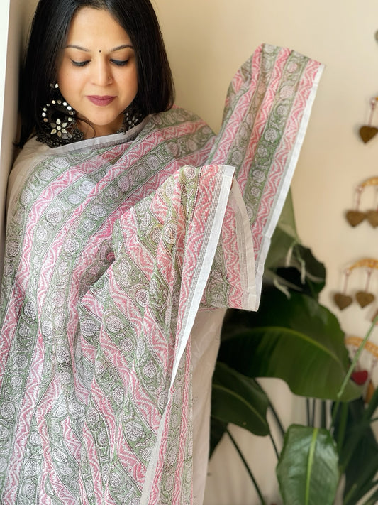 White, Green, Pink Kota Cotton Handblock Printed Dupatta