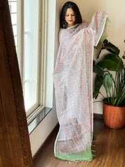 White, Green, Pink Kota Cotton Handblock Printed Dupatta
