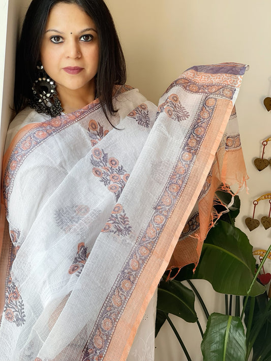 White, Peach Kota Cotton Handblock Printed Dupatta