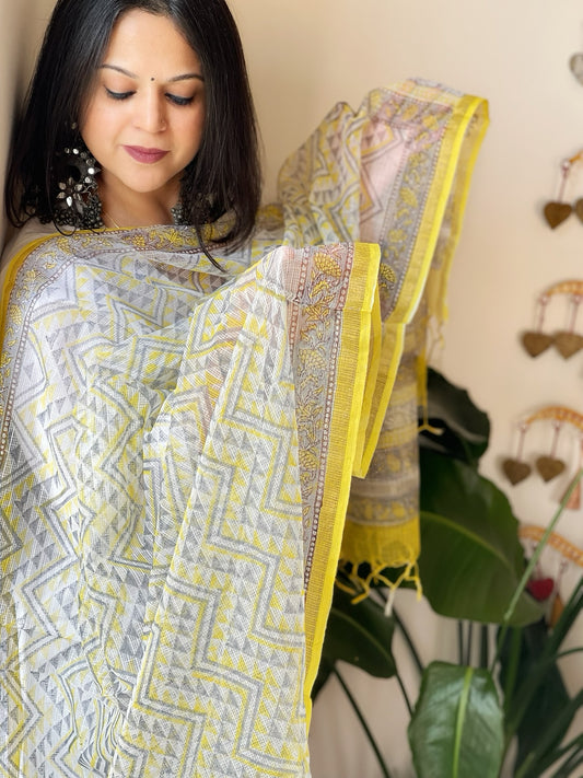 White, Yellow Kota Cotton Handblock Printed Dupatta