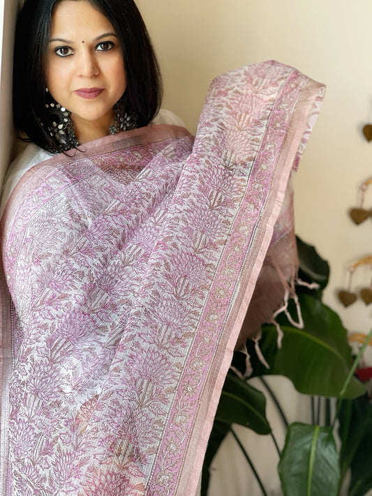 Purple, White Kota Cotton Handblock Printed Dupatta