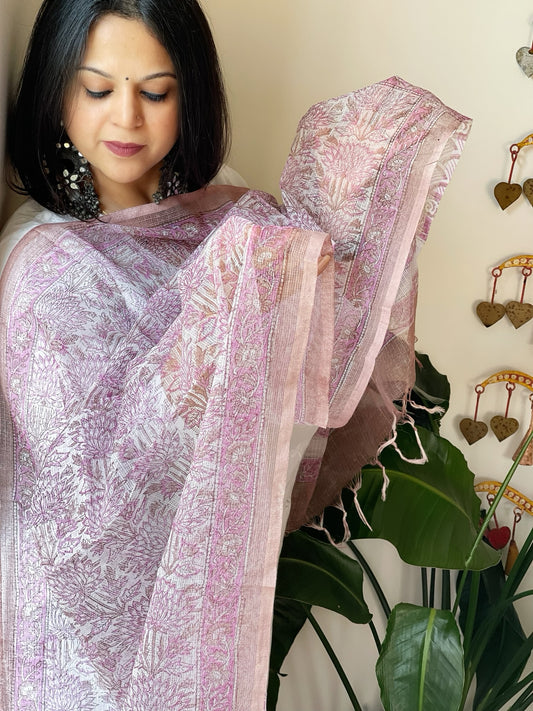 Purple, White Kota Cotton Handblock Printed Dupatta