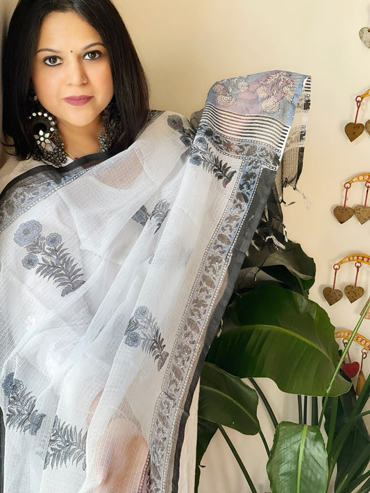 White, Black Kota Cotton Handblock Printed Dupatta