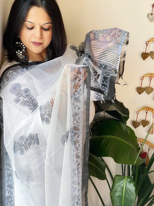 White, Black Kota Cotton Handblock Printed Dupatta