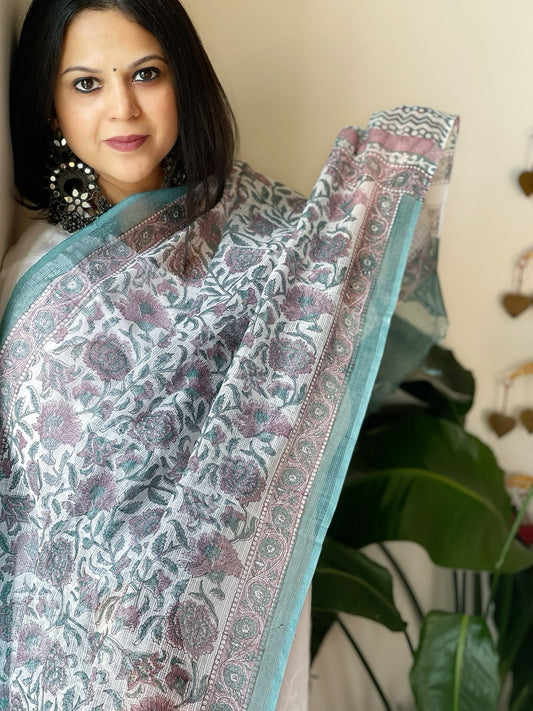 White, Blue Kota Cotton Handblock Printed Dupatta