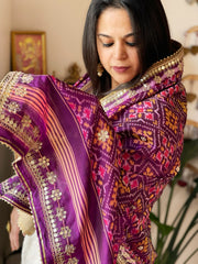 Purple Handwoven Rajkot Patola with Gotapatti Handwork in Pure Silk