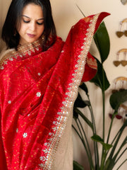 Red Handwoven Rajkot Patola with Gotapatti Handwork in Pure Silk