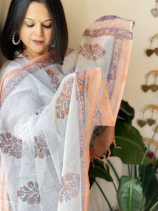 White, Peach Kota Cotton Handblock Printed Dupatta