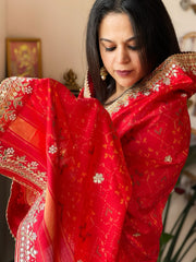 Red Handwoven Rajkot Patola with Gotapatti Handwork in Pure Silk