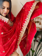 Red Handwoven Rajkot Patola with Gotapatti Handwork in Pure Silk