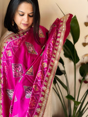 Hot Pink Handwoven Rajkot Patola with Gotapatti Handwork in Pure Silk