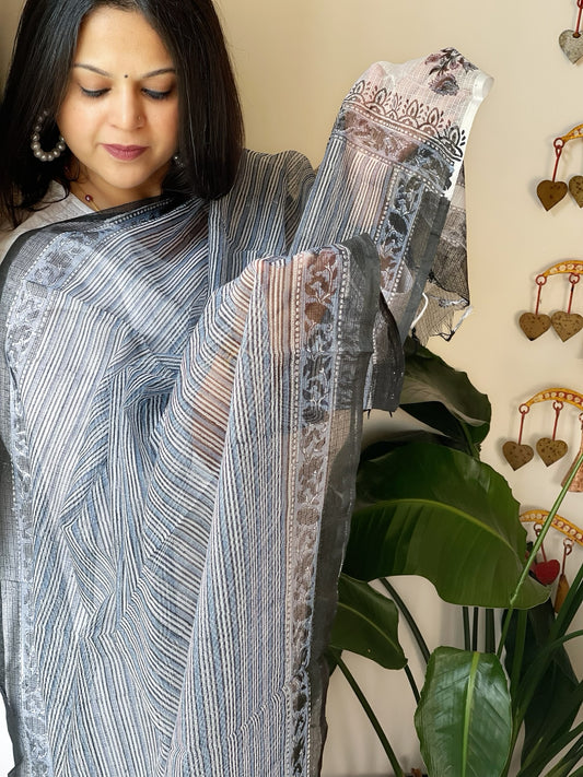 Grey, White Kota Cotton Handblock Printed Dupatta