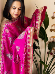 Hot Pink Handwoven Rajkot Patola with Gotapatti Handwork in Pure Silk