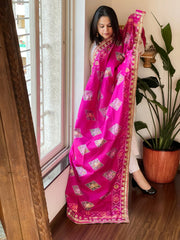 Hot Pink Handwoven Rajkot Patola with Gotapatti Handwork in Pure Silk