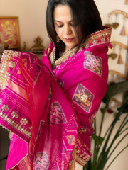 Hot Pink Handwoven Rajkot Patola with Gotapatti Handwork in Pure Silk