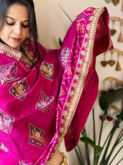 Hot Pink Handwoven Rajkot Patola with Gotapatti Handwork in Pure Silk