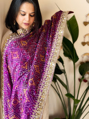 Purple Handwoven Rajkot Patola with Gotapatti Handwork in Pure Silk