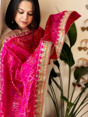 Hot Pink Handwoven Rajkot Patola with Gotapatti Handwork in Pure Silk