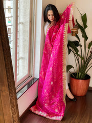 Hot Pink Handwoven Rajkot Patola with Gotapatti Handwork in Pure Silk